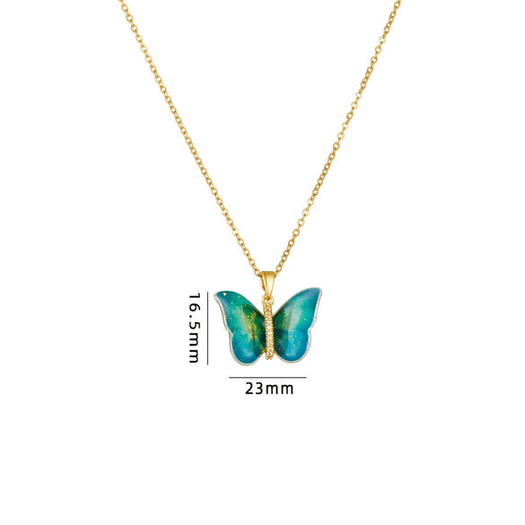 Titanium Steel O Chain Necklace For Women With Gold Plated Mixed Gemstone Inlay Simulation Butterfly Pendant In Light Luxury Style And Electroplating Treatment
