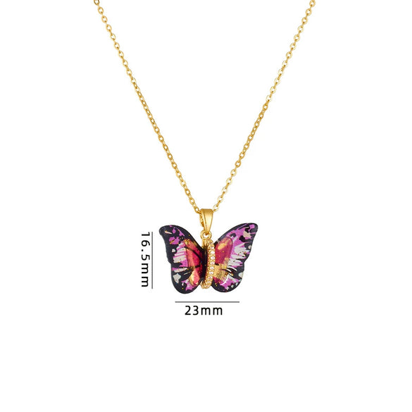 Titanium Steel O Chain Necklace For Women With Gold Plated Mixed Gemstone Inlay Simulation Butterfly Pendant In Light Luxury Style And Electroplating Treatment