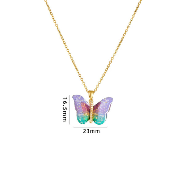 Titanium Steel O Chain Necklace For Women With Gold Plated Mixed Gemstone Inlay Simulation Butterfly Pendant In Light Luxury Style And Electroplating Treatment