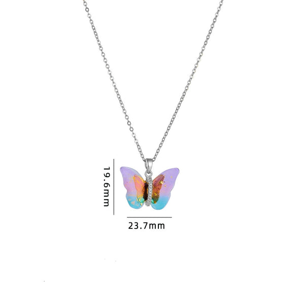 Titanium Steel O Chain Necklace For Women With Gold Plated Mixed Gemstone Inlay Simulation Butterfly Pendant In Light Luxury Style And Electroplating Treatment