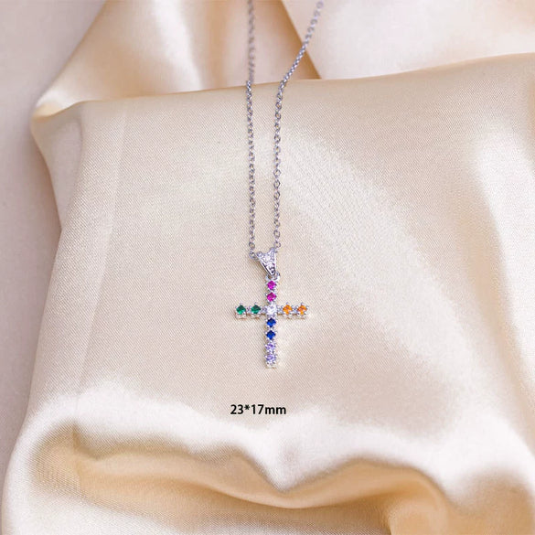 Titanium Steel O Word Chain Necklace With Cross Pendant Mixed Gemstone Setting Electroplating Design For Unisex