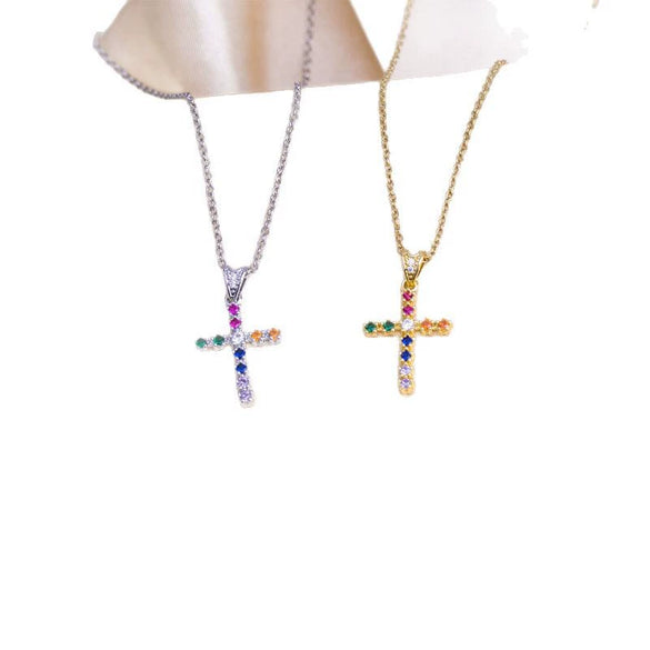 Titanium Steel O Word Chain Necklace With Cross Pendant Mixed Gemstone Setting Electroplating Design For Unisex