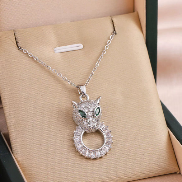 Titanium Steel Ochain Necklace With Mixed Gem Inlaid Pendant Geometric And Animal Pattern Electroplated