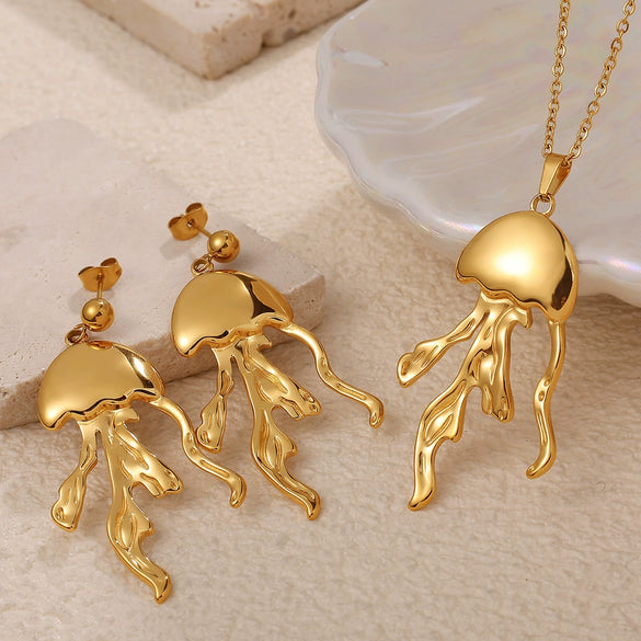 316L Stainless Steel Octopus And Jellyfish Pendant Earrings And Necklace Set For Women Fashion Style With Electroplating