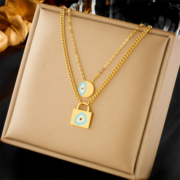 Titanium Steel Oil Dripping Lock Round Eye Pendant Double Chain Necklace With Electroplating Treatment