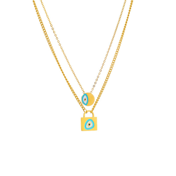 Titanium Steel Oil Dripping Lock Round Eye Pendant Double Chain Necklace With Electroplating Treatment