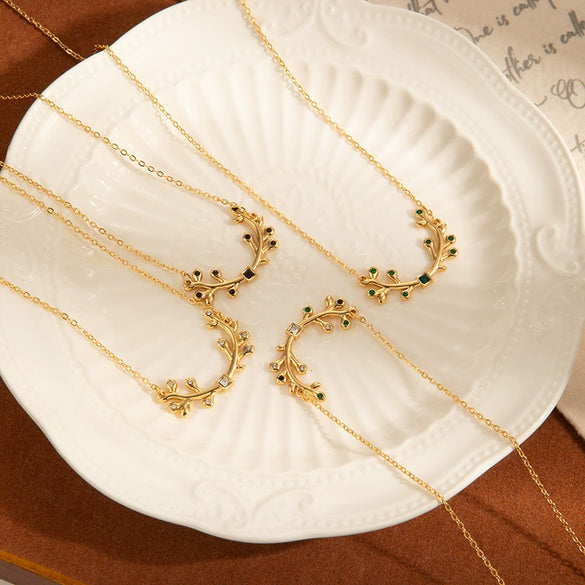 Titanium Steel Olive Leaf Inlaid Zircon Women's Fashion Allmatch Necklace With Electroplating