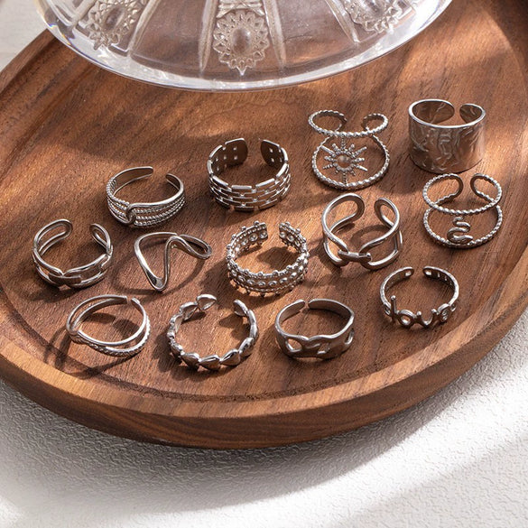Titanium Steel Open Ring With Irregular Lines Star Heart Shape Flower Leaves Letters Numbers Text Electroplating Design