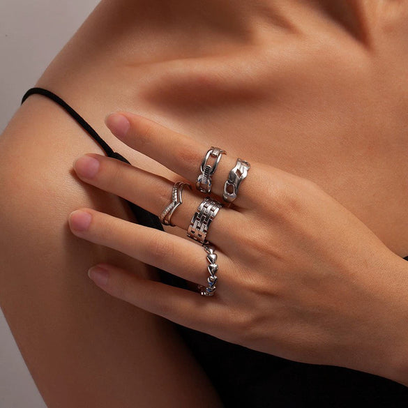 Titanium Steel Open Ring With Irregular Lines Star Heart Shape Flower Leaves Letters Numbers Text Electroplating Design