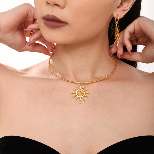 316L Stainless Steel Plated 18K Gold Spiral Sun Pendant Necklace And Earrings Jewelry Fashion Style Electroplating Treatment Women's