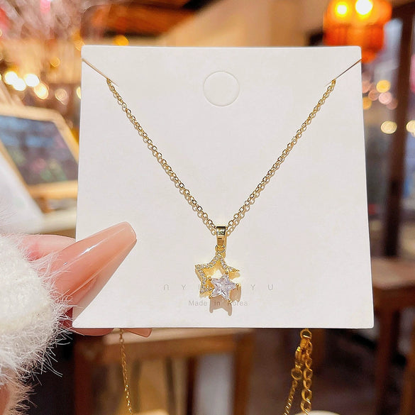 Titanium Steel Real Gold Electroplated Fivepointed Star Necklace Inlaid Zircon Pendant For Women