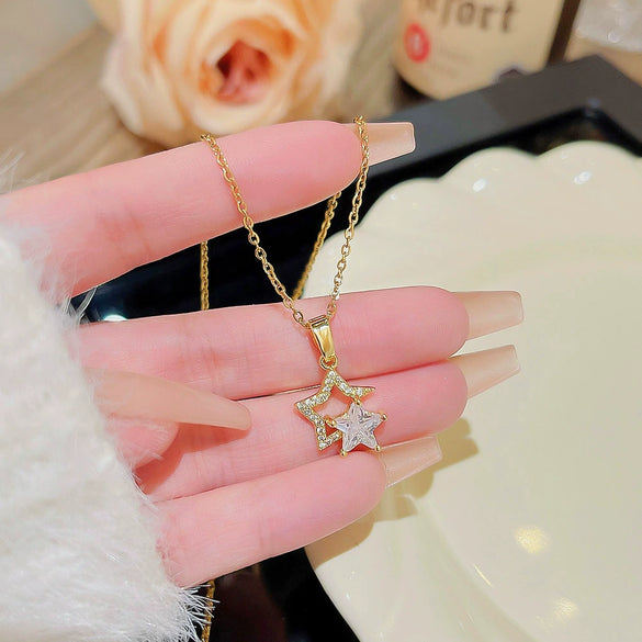 Titanium Steel Real Gold Electroplated Fivepointed Star Necklace Inlaid Zircon Pendant For Women