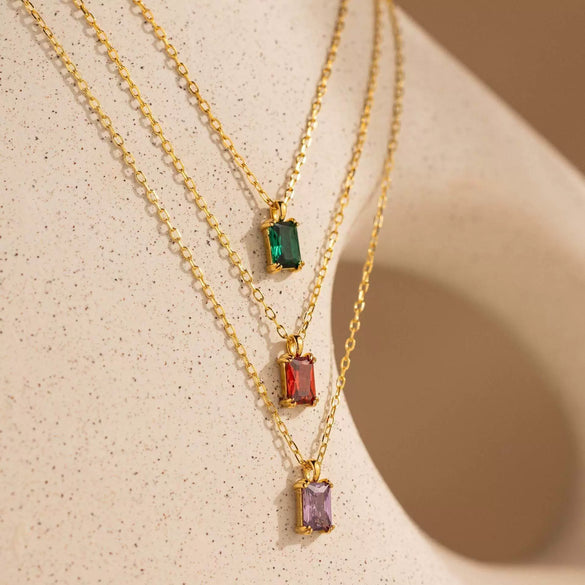 Titanium Steel Rectangular December Birthstone Pendant Necklace With Colorful Zircon Electroplated 18K Gold Color Retro Geometric Style Unisex
