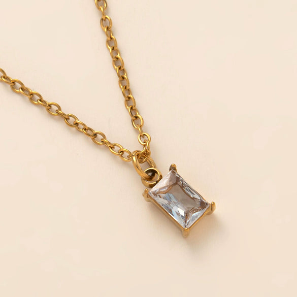 Titanium Steel Rectangular December Birthstone Pendant Ochain Necklace Electroplated With 18K Gold Color Retro Geometric Style Unisex