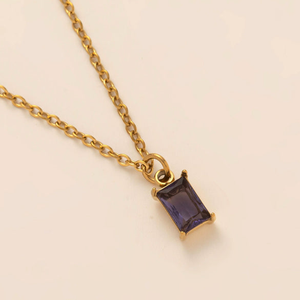 Titanium Steel Rectangular December Birthstone Pendant Ochain Necklace Electroplated With 18K Gold Color Retro Geometric Style Unisex
