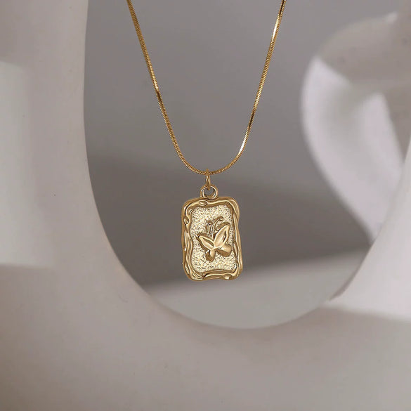 Titanium Steel Retro Embossed Butterfly Animal Zodiac Pendant Necklace Gold Plated Bone Snake Chain For Women