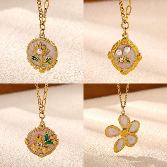 Titanium Steel Retro Floral Faux Pearl Round Pendant Necklace With Oildrop Enamel Finish And Link Chain