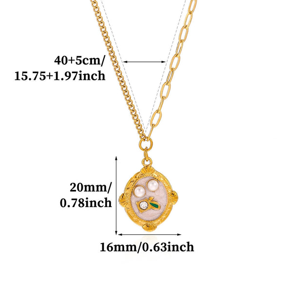 Titanium Steel Retro Floral Faux Pearl Round Pendant Necklace With Oildrop Enamel Finish And Link Chain