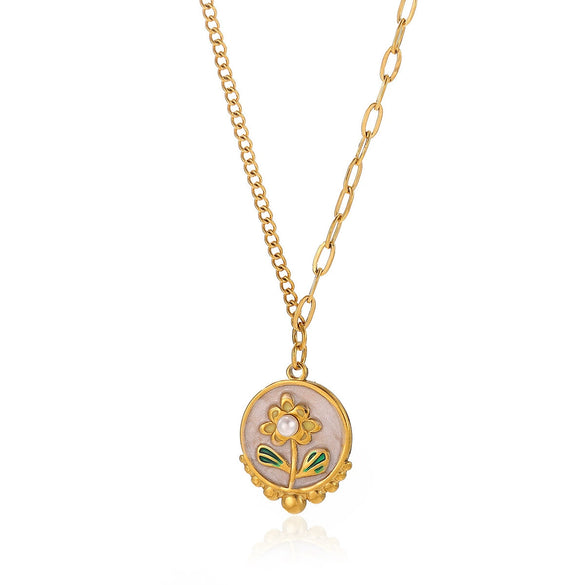 Titanium Steel Retro Floral Faux Pearl Round Pendant Necklace With Oildrop Enamel Finish And Link Chain