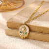 Titanium Steel Retro Floral Faux Pearl Round Pendant Necklace With Oildrop Enamel Finish And Link Chain