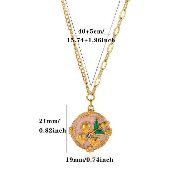 Titanium Steel Retro Floral Faux Pearl Round Pendant Necklace With Oildrop Enamel Finish And Link Chain