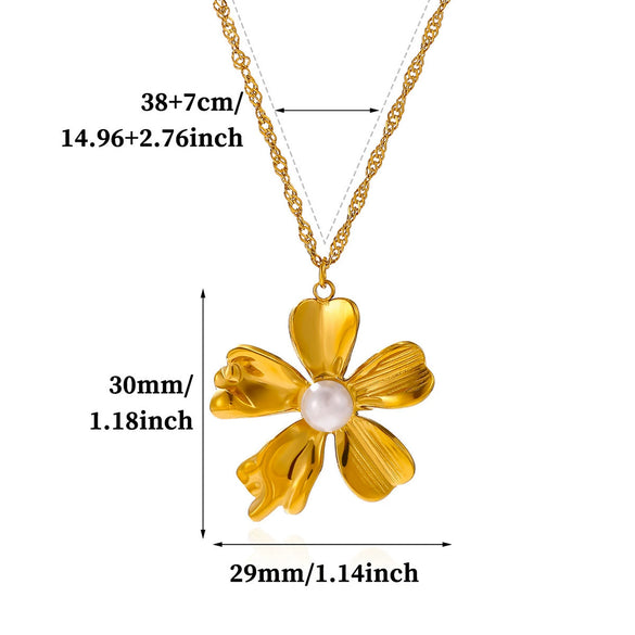Titanium Steel Retro Floral Faux Pearl Round Pendant Necklace With Oildrop Enamel Finish And Link Chain