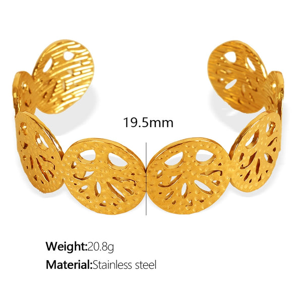316L Stainless Steel Retro Floral Hollow Wide Bracelet With Heavy Metal Pattern And Golden Butterfly Life Tree Design Electroplated