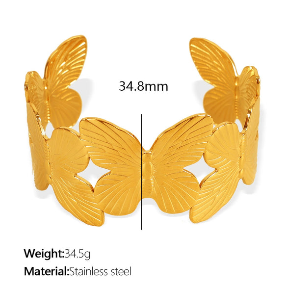 316L Stainless Steel Retro Floral Hollow Wide Bracelet With Heavy Metal Pattern And Golden Butterfly Life Tree Design Electroplated