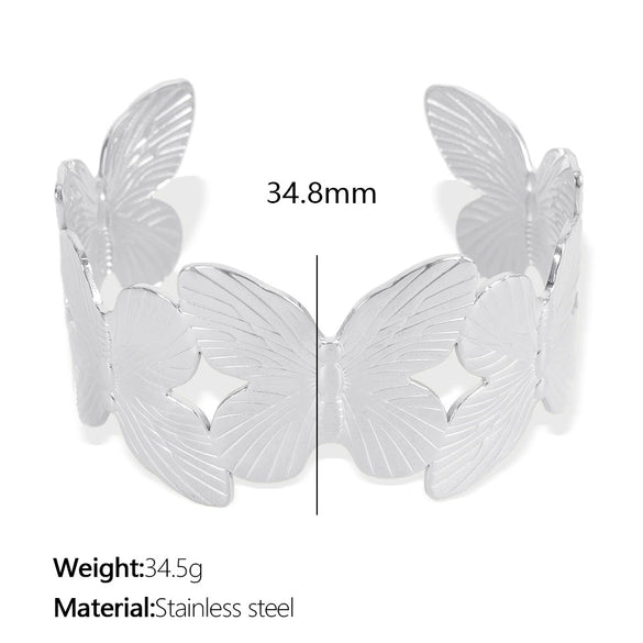 316L Stainless Steel Retro Floral Hollow Wide Bracelet With Heavy Metal Pattern And Golden Butterfly Life Tree Design Electroplated