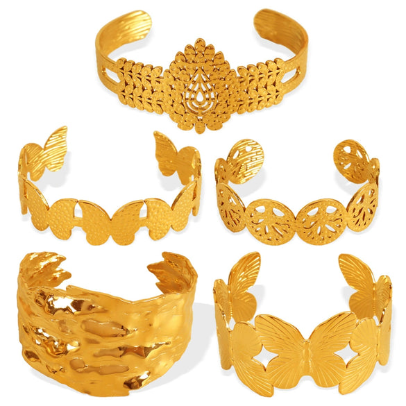 316L Stainless Steel Retro Floral Hollow Wide Bracelet With Heavy Metal Pattern And Golden Butterfly Life Tree Design Electroplated