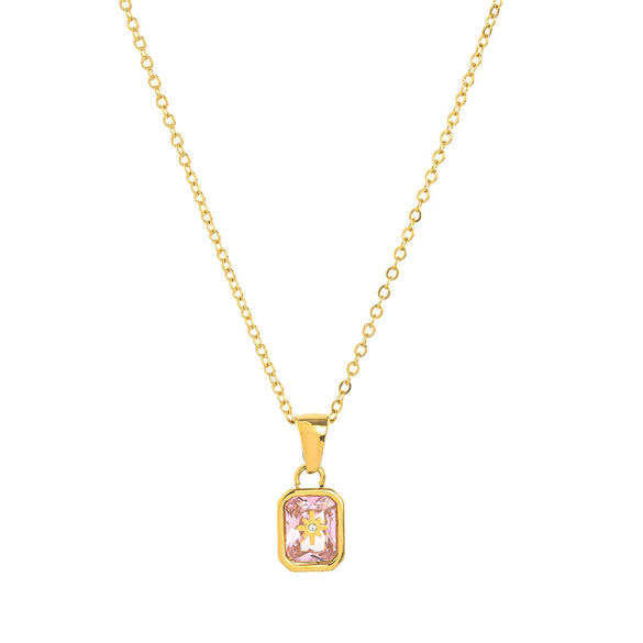 Titanium Steel Retro Minimalist Electroplated Birthstone Star Clavicle Pendant Necklace With O Word Chain