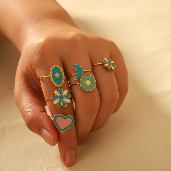 Titanium Steel Ring For Women Niche Style With Oil Dropping Treatment Heart Flowers Leaves Star Pattern