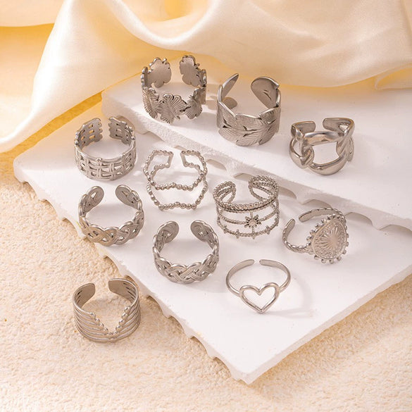 Titanium Steel Ring Leaves Love Hollow Design Geometric Electroplated Unisex