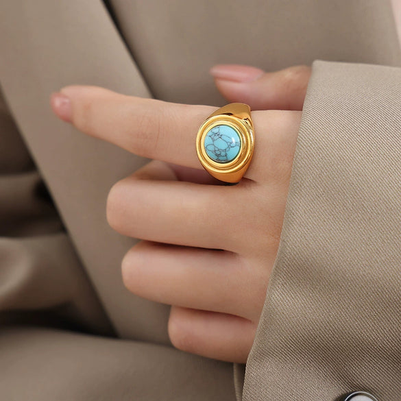 316L Stainless Steel Ring With Blue Turquoise And Geometric Design For Couples