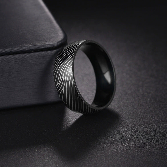 Titanium Steel Ring With Geometric Damascus Steel Pattern And Electroplating For Unisex