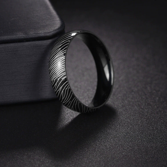 Titanium Steel Ring With Geometric Damascus Steel Pattern And Electroplating For Unisex