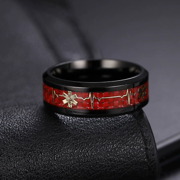Titanium Steel Ring With Medical Logo Carbon Fiber Letters Numbers Text Pattern Dripping Glue Design Unisex