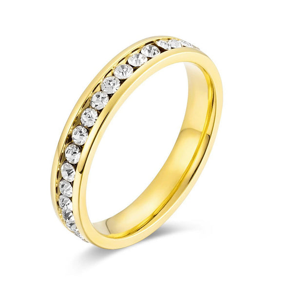 Titanium Steel Ring With Polished Gold Tone Circle Design And Full Stone Inlay Geometric Fashion Ring For Women