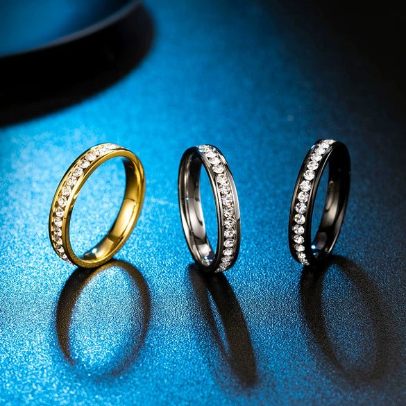 Titanium Steel Ring With Polished Gold Tone Circle Design And Full Stone Inlay Geometric Fashion Ring For Women