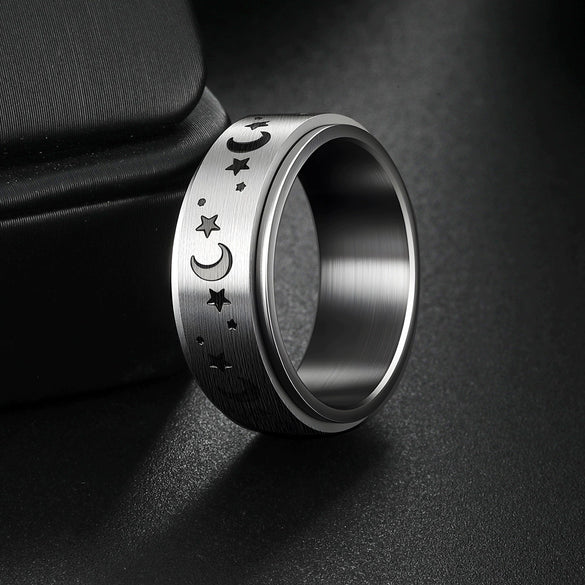 Titanium Steel Rotatable Ring With Stars And Moon Geometric Pattern For Unisex Apply Oil Treatment