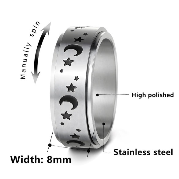 Titanium Steel Rotatable Ring With Stars And Moon Geometric Pattern For Unisex Apply Oil Treatment