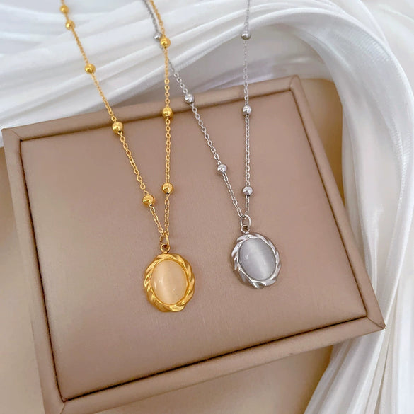 Titanium Steel Rotating Cat's Eye Stone Necklace With Geometric Pattern Electroplating For Unisex Cartoon Style