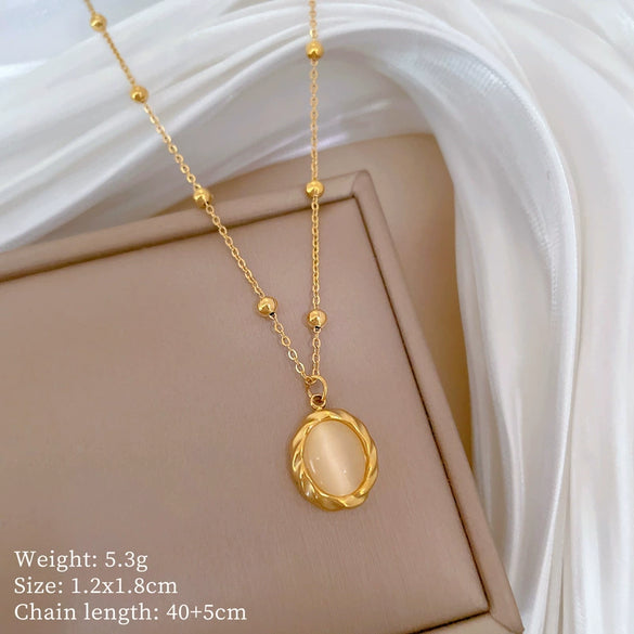 Titanium Steel Rotating Cat's Eye Stone Necklace With Geometric Pattern Electroplating For Unisex Cartoon Style