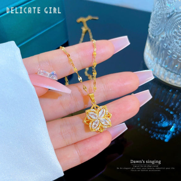 Titanium Steel Rotating Flower Zircon Necklace With Geometric Design