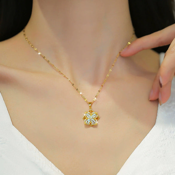 Titanium Steel Rotating Flower Zircon Necklace With Geometric Design