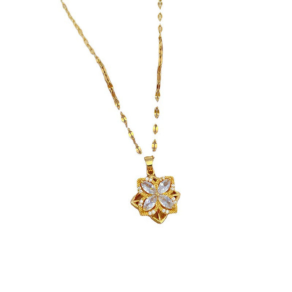 Titanium Steel Rotating Flower Zircon Necklace With Geometric Design