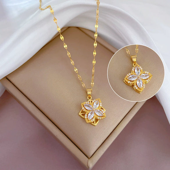 Titanium Steel Rotating Flower Zircon Necklace With Geometric Design