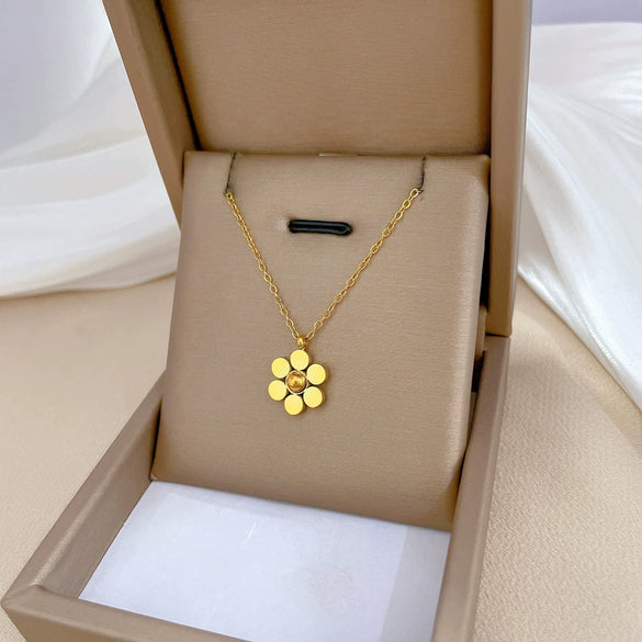 Titanium Steel Round Bead Sixpetal Flower Normcore Style Furnace Real Gold Electroplated Unisex Necklace