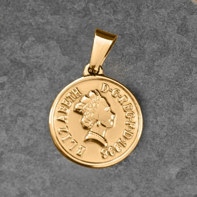 Titanium Steel Round Coin Pendant Necklace With Wheat Ear Pattern And Portrait Design Electroplated Gold Color Geometric Jewelry