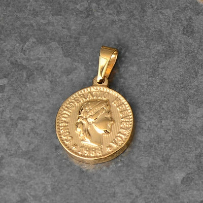 Titanium Steel Round Coin Pendant Necklace With Wheat Ear Pattern And Portrait Design Electroplated Gold Color Geometric Jewelry
